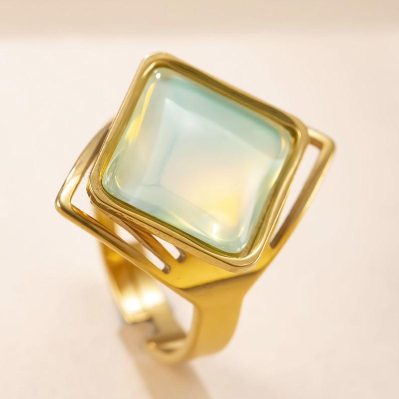 Cross-Border Hot-Selling Titanium Steel Jewelry Light Luxury Vintage Style Open Ring Hydraulic Square Natural Stone Stainless Steel Ring Factory
