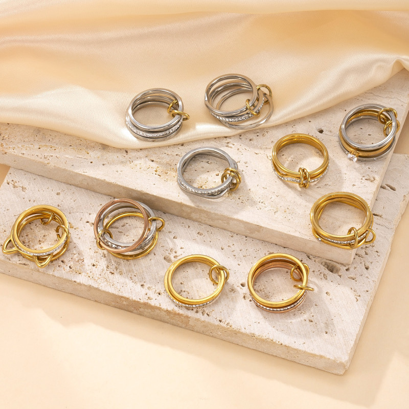Cross-Border Hot-Selling Stainless Steel Jewelry 18K Gold Plated High-End Feel Stackable Ring Three-Layer Color Matching Diamond-Inlaid Titanium Steel Ring