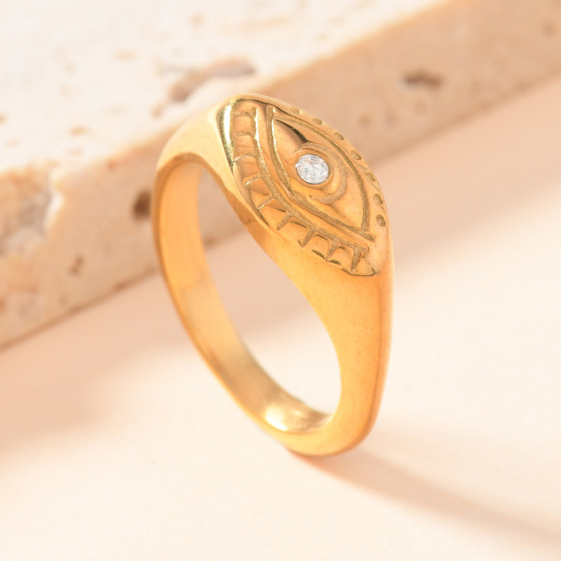 Cross-Border European and American Titanium Steel Jewelry Casting Eye Inlaid Diamond Stainless Steel Ring Personality Fashion Plated 18k Gold Ring for Women