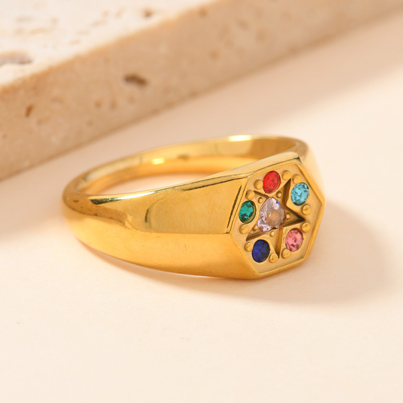 Cross-Border Fashion Stainless Steel Ring Light Luxury Retro Cast Hexagonal Inlaid Colorful Diamond Ring Pentagram Ring