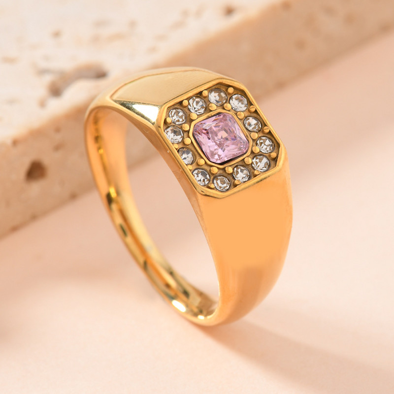 Cross-Border New Titanium Steel Jewelry Unisex Fashion Cast Small Square Inlaid Colorful Full Diamond Ring Manufacturer Wholesale