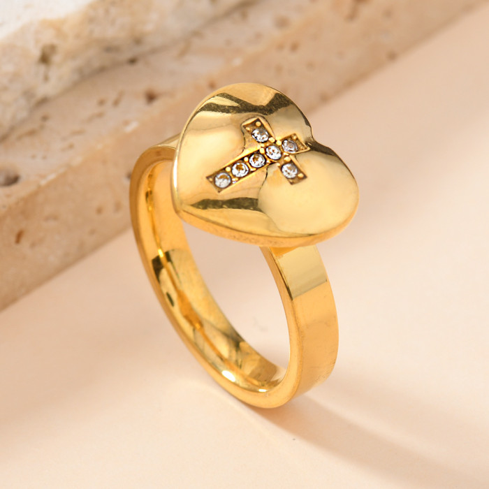 Foreign Trade Stainless Steel Ring Heart Cross Stone-Studded Ring Light Luxury Temperament 18K Gold Plated Couple R...