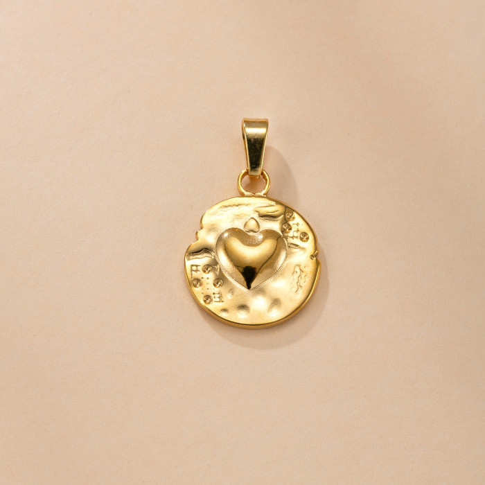 Single Pendant Cross-Border Stainless Steel Casting Jewelry Round Plate Inlaid Diamond Necklace Accessories Light Luxury Retro DIY Jewelry Wholesale