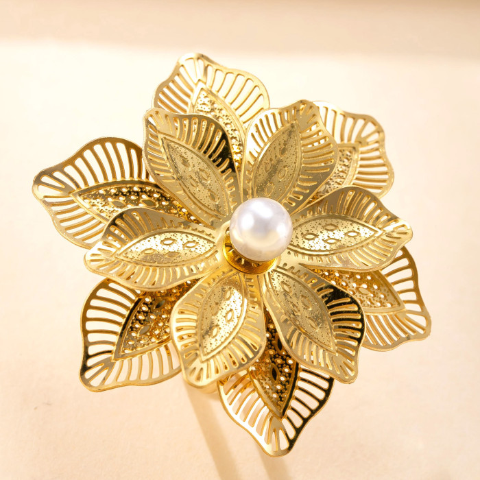 Cross-Border New Stainless Steel Ring Hollow Multi-Layer Flower Inlaid Pearl Open Ring Vintage Light Luxury Titanium Steel Jewelry