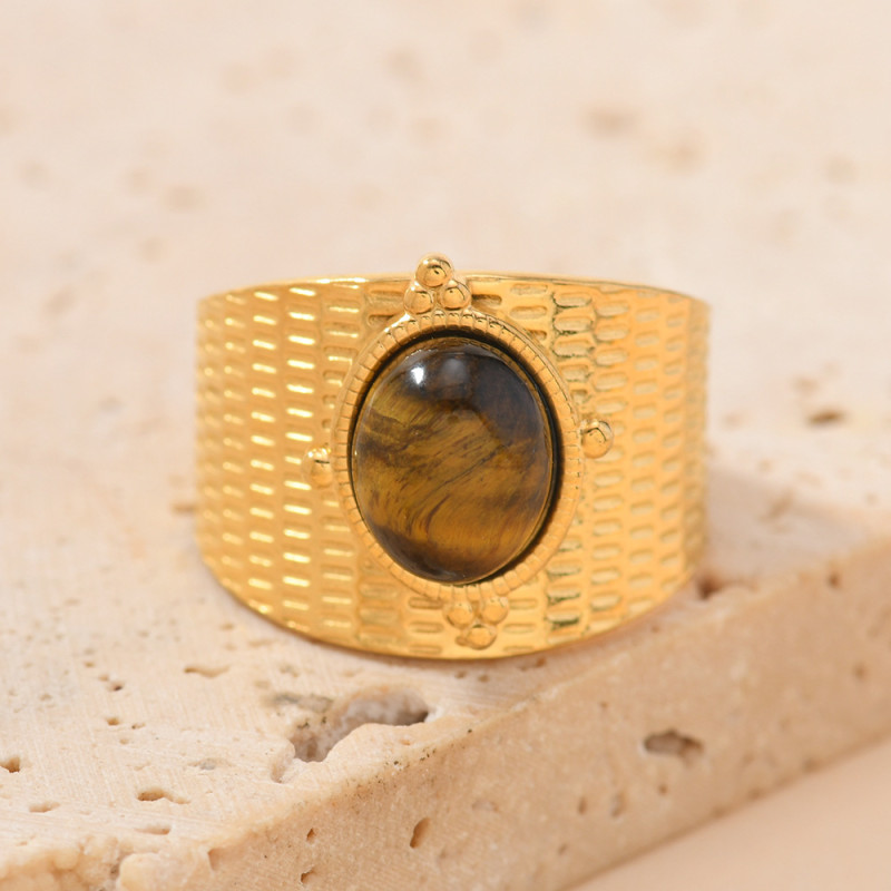 Cross-Border Hot Selling Open Adjustable Titanium Steel Ring Fashion Hydraulic Inlaid Oval Natural Gemstone 18k Gold Jewelry
