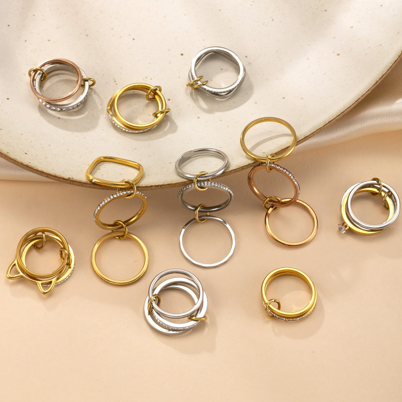 Cross-Border Hot-Selling Stainless Steel Jewelry 18K Gold Plated High-End Feel Stackable Ring Three-Layer Color Matching Diamond-Inlaid Titanium Steel Ring