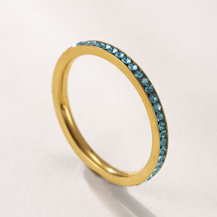 Cross-Border Hot-Selling Titanium Steel Jewelry 2mm Inlaid Colorful Diamond Couple Rings High-End Simple Stainless Steel Stackable Rings Factory