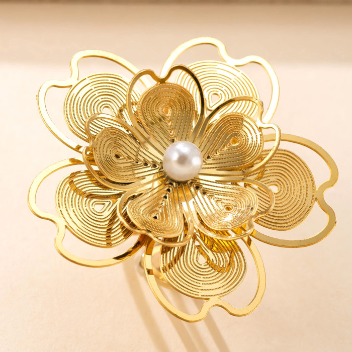 Cross-Border New Stainless Steel Ring Hollow Multi-Layer Flower Inlaid Pearl Open Ring Vintage Light Luxury Titanium Steel Jewelry