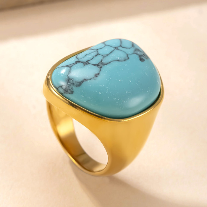 Amazon New Stainless Steel Ring Casting Geometric Blue Turquoise Couple Ring Retro Light Luxury Style Titanium Steel...