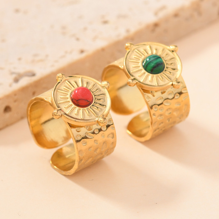 Cross-Border Stainless Steel Jewelry Light Luxury Palace Style Oil Pressure Welding Round Plate Inlaid Turquoise Ring High-End Open Ring