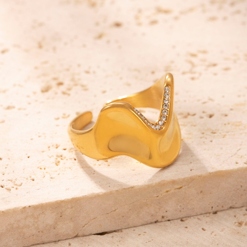Cross-Border New Stainless Steel Ring Irregular Micro Inlaid Diamond Open Ring Plated 18k Gold Minimalist Style Titanium Steel Jewelry Factory