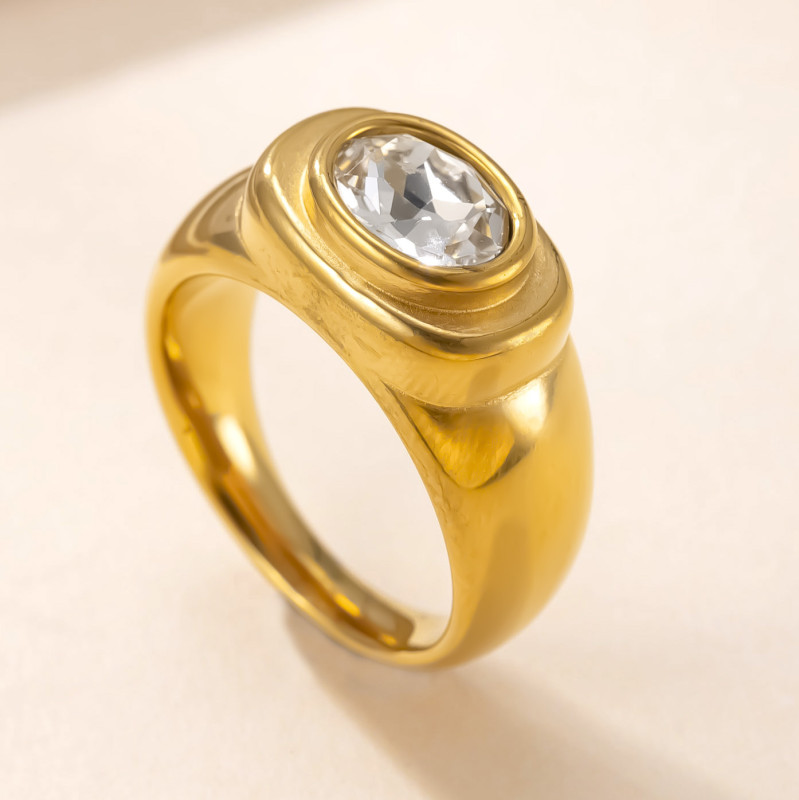 Cross-Border Hot Selling Titanium Steel Jewelry Light Luxury High-End Feel 18K Gold Plated Ring Casting Oval Zircon Stainless Steel Ring