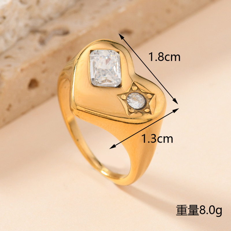 Cross-Border European and American Stainless Steel Jewelry Casting Inlaid Geometric Diamond Heart Ring for Women Niche Design Titanium Steel Ring Wholesale