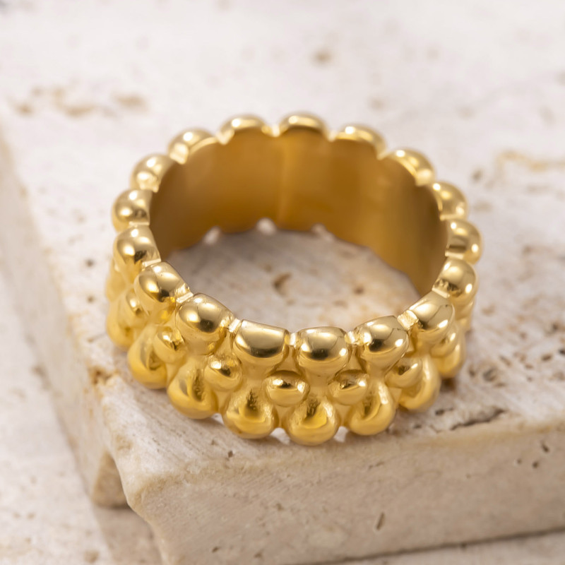 Cross-Border New Stainless Steel Ring Casting Multi-Layer Round Bead Water Drop Ring Design Sense Plated 18k Gold Titanium Steel Jewelry
