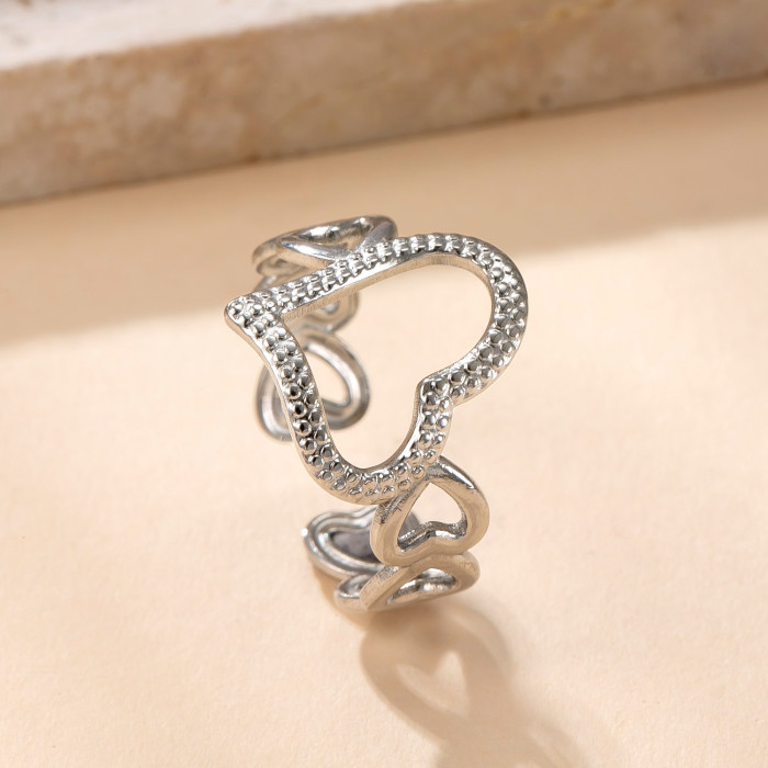 Hot Selling Stainless Steel Open Ring Titanium Steel Non-Fading Simple Hand Jewelry Oil Pressure Hollow Heart Ring Fa...
