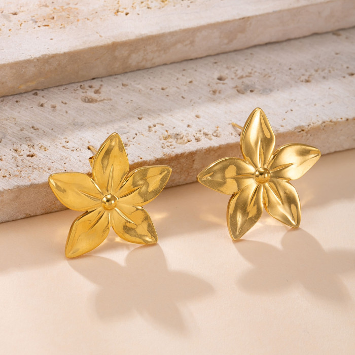 Hot-Selling Gold Earrings for Women Fashion Flower Stud Earrings 18K Gold Plated Five-Petal Flower Stud Earrings Stai...