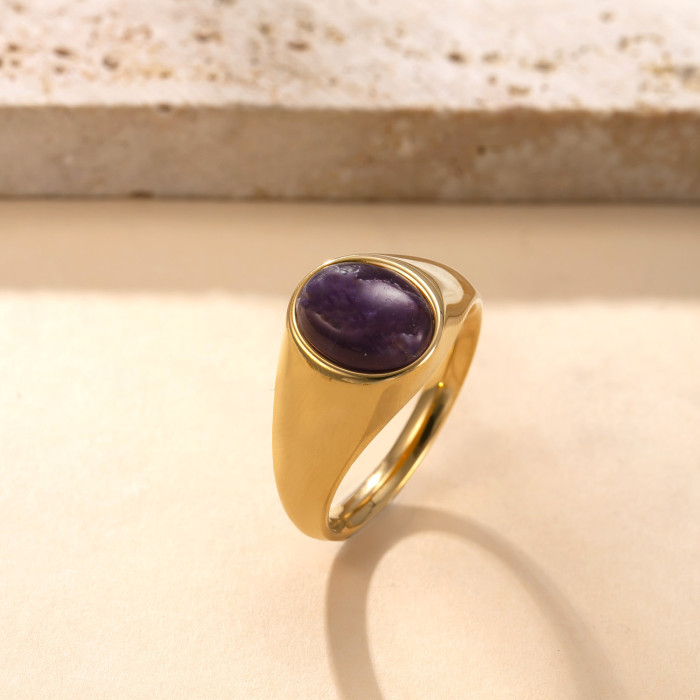 Cross-Border Exclusive Stainless Steel Ring Versatile Simple Style Titanium Steel Jewelry Casting Inlaid Oval Natural Stone Couple Ring