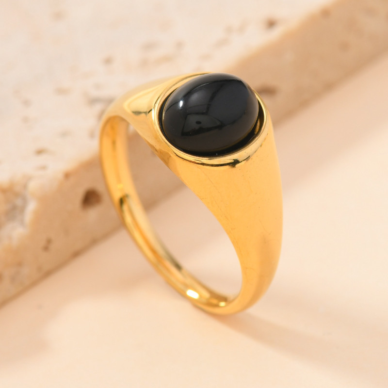 Cross-Border European and American Style Stainless Steel Jewelry Light Luxury Fashion Casting Inlaid Oval Natural Stone Titanium Steel Ring Manufacturer