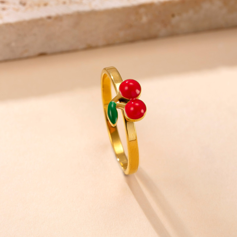 Cross-Border New Titanium Steel Ring with Colorful Oil Cherry Three-Layer Wrapped Ring Sweet Cute Stainless Steel Jewelry Factory