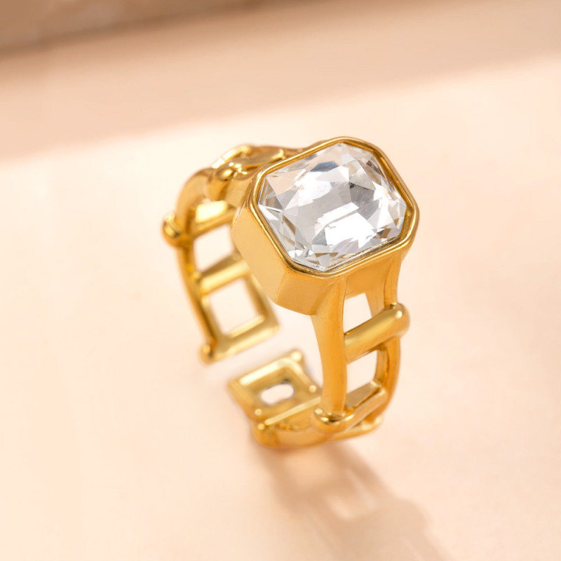 Cross-Border European and American Style Stainless Steel Jewelry Chain Hollow Zircon Inlaid Ring for Women Light Luxury High-End Titanium Steel Ring Wholesale