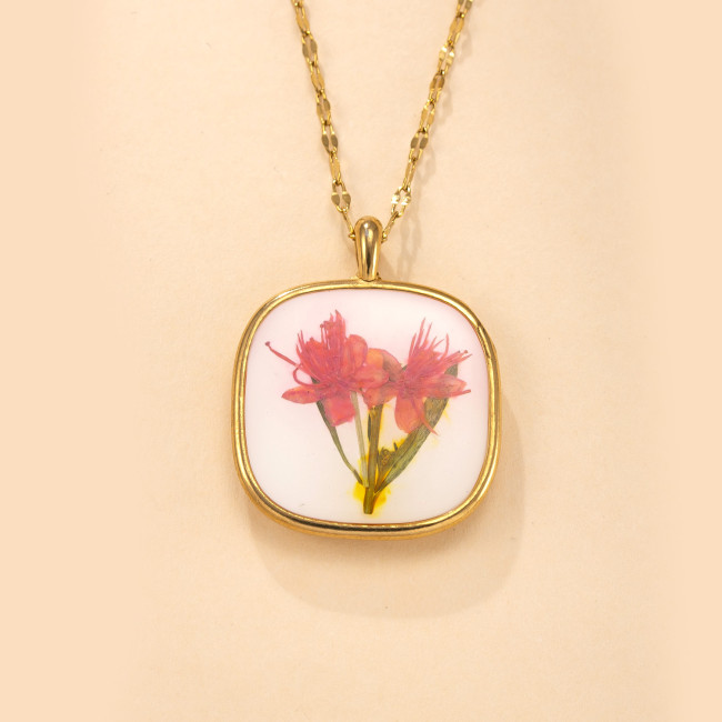 Single Pendant Cross-Border Stainless Steel Jewelry Fresh Style Eternal Flower Necklace Accessories Cast Geometric Dried Flower Resin Pendant