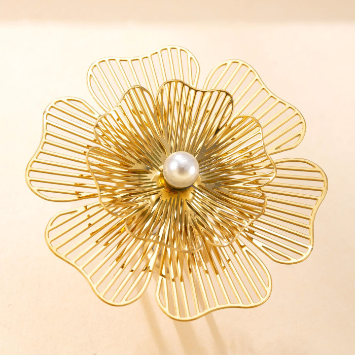 Cross-Border New Stainless Steel Ring Hollow Multi-Layer Flower Inlaid Pearl Open Ring Vintage Light Luxury Titanium Steel Jewelry