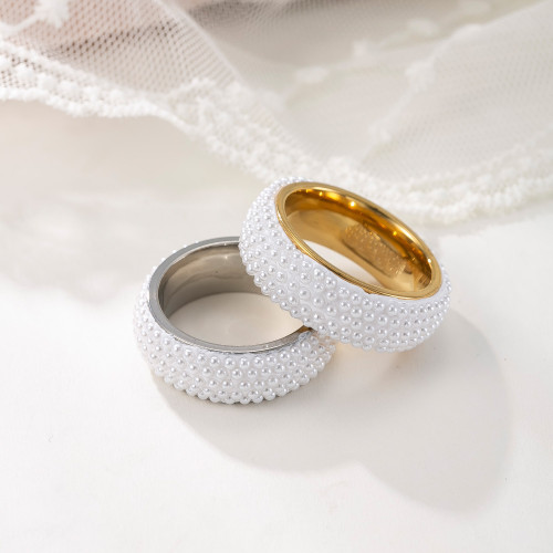 European and American Cross-Border Stainless Steel Ring for Women Five-Row Arc Pearl Ring High-End Couple Rings Titanium Steel Jewelry