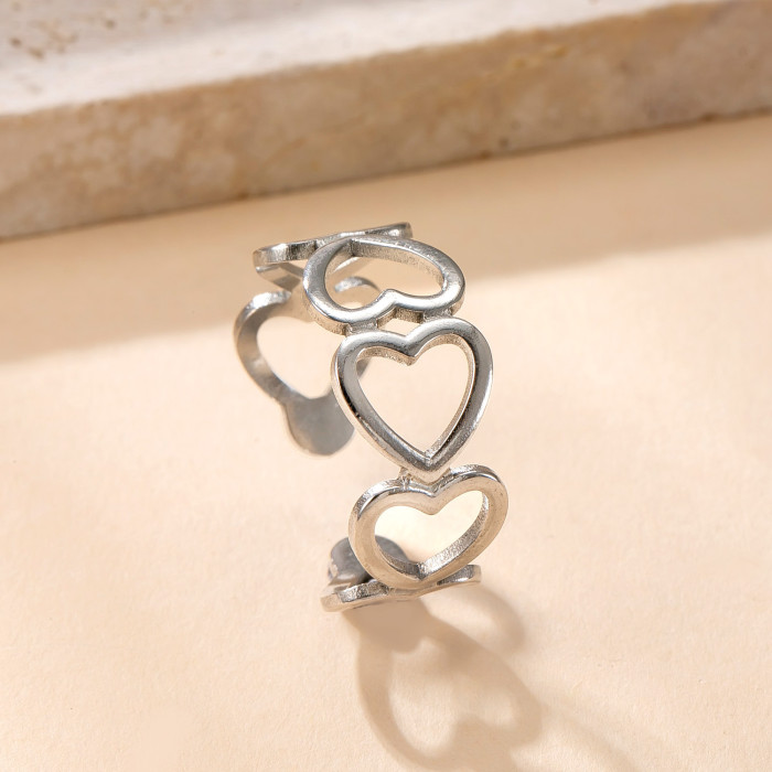 Hot Selling Stainless Steel Open Ring Titanium Steel Non-Fading Simple Hand Jewelry Oil Pressure Hollow Heart Ring Fa...
