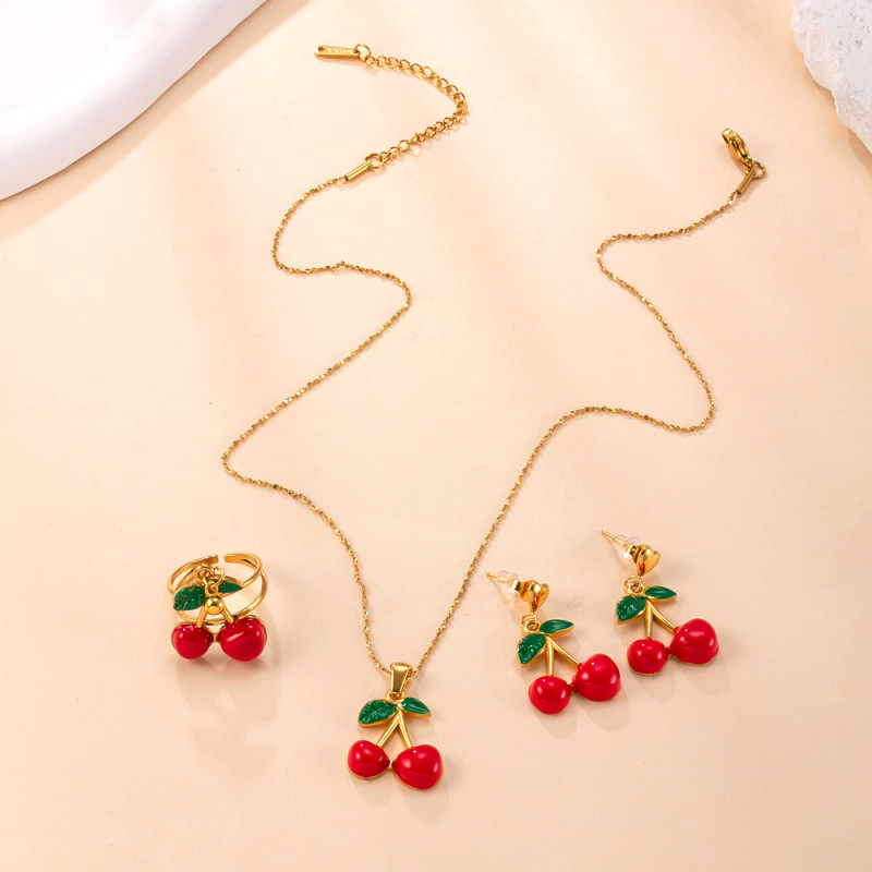 Cross-Border Stainless Steel Necklace for Women Korean Sweet 18k Gold Plated Ring Oil-Drip Strawberry Cherry Titanium Steel Jewelry Set