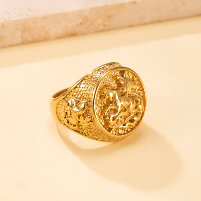European and American Cross-Border Stainless Steel Ring Cast Knight Ring Men's Personality Retro 18k Gold Plated Titanium Steel Jewelry Manufacturer