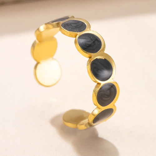 Cross-Border Stainless Steel Jewelry Fashion Versatile 18K Gold-Plated Titanium Steel Ring Black Oil Heart Round Open Ring