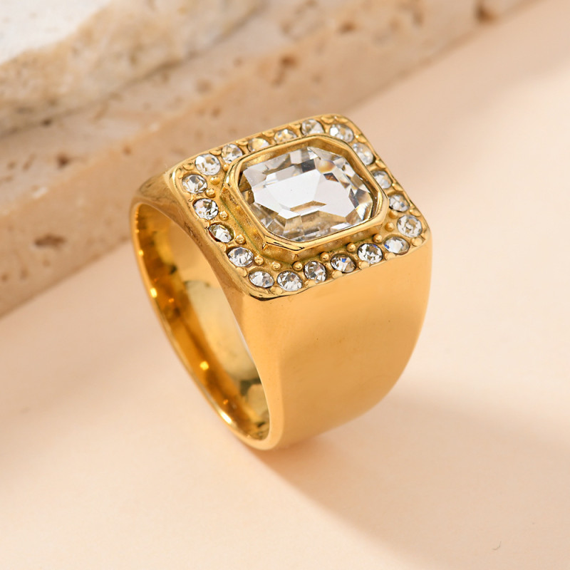 Cross-Border European and American Titanium Steel Jewelry Casting Square Zircon Inlaid Stainless Steel Ring Fashionable High-End Couple Rings Factory