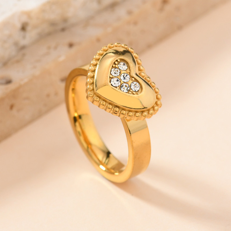 Cross-Border Foreign Trade Stainless Steel Ring Heart Cross Diamond-Studded Ring Light Luxury Temperament 18k Gold Plated Couple Rings