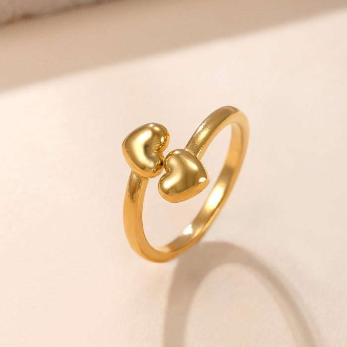 Hot Selling Stainless Steel Ring Double Heart Open Ring Korean Style Simple 18K Gold Plated Titanium Steel Jewelry Wh...