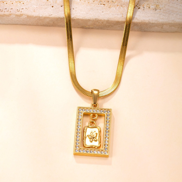 Single Pendant Cross-Border Titanium Steel Necklace Casting Square Inlaid Diamond Pendant Sweater Chain Light Luxury High-End Titanium Steel Jewelry Factory