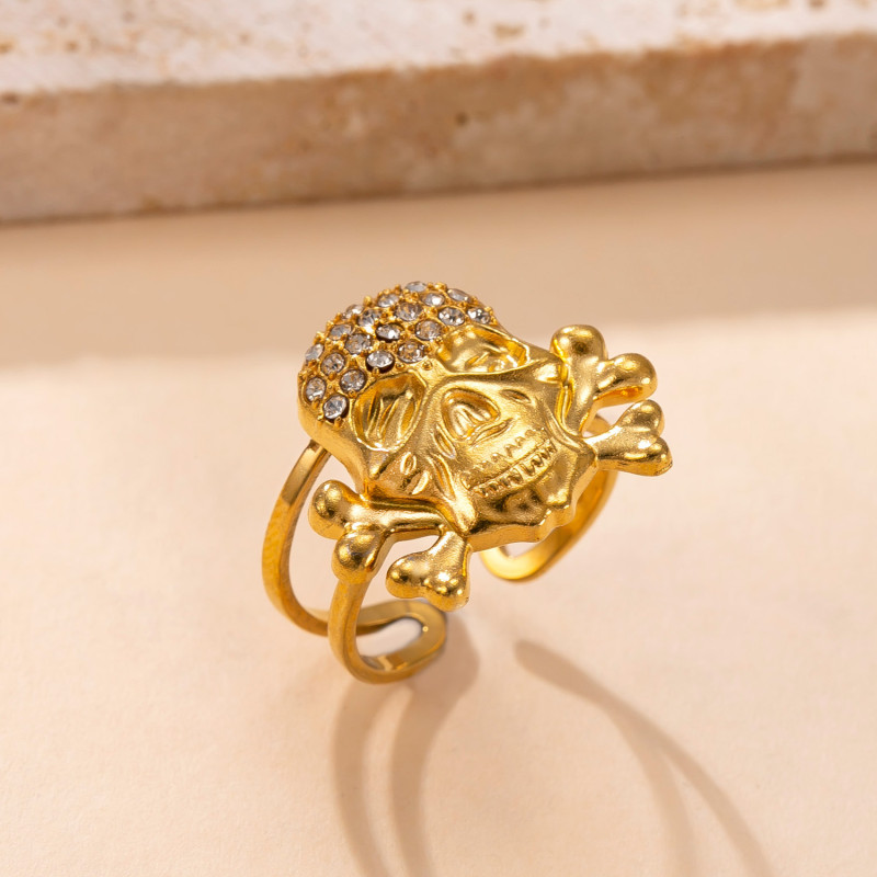 Cross-Border Hot-Selling Stainless Steel Ring Hydraulic Inlaid Diamond Skull Open Ring Street Retro Plated 18k Gold Ring