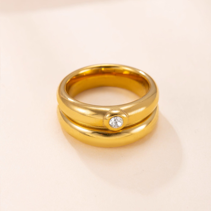New Titanium Steel Jewelry Elegant Design 18K Gold Plated Ring Cast Double Layer Stone-Inlaid Stainless Steel Ring