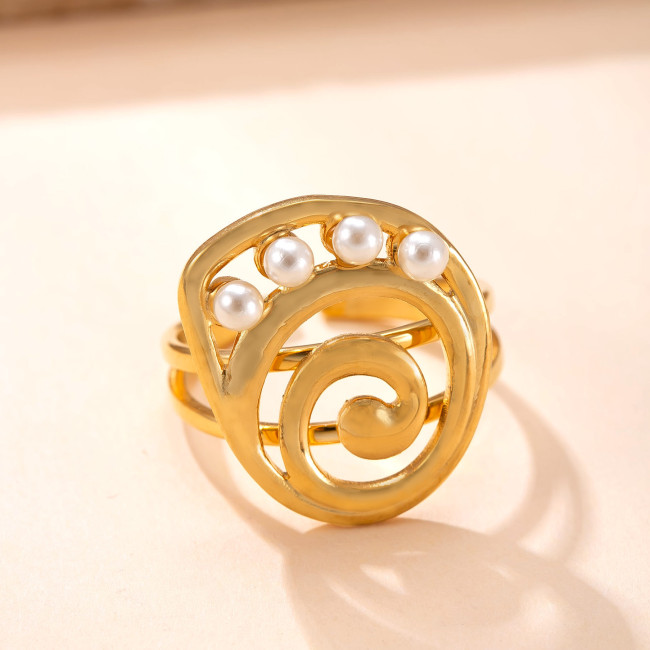 New Stainless Steel Ring Retro High-End Titanium Steel Ring Hydraulic Hollow Inlaid Pearl Open Ring