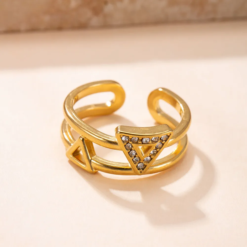 Cross-Border Hot-Selling Stainless Steel Ring Casting Hollow Triangle Inlaid Diamond Ring Fashion Commuting Titanium Steel Jewelry Wholesale