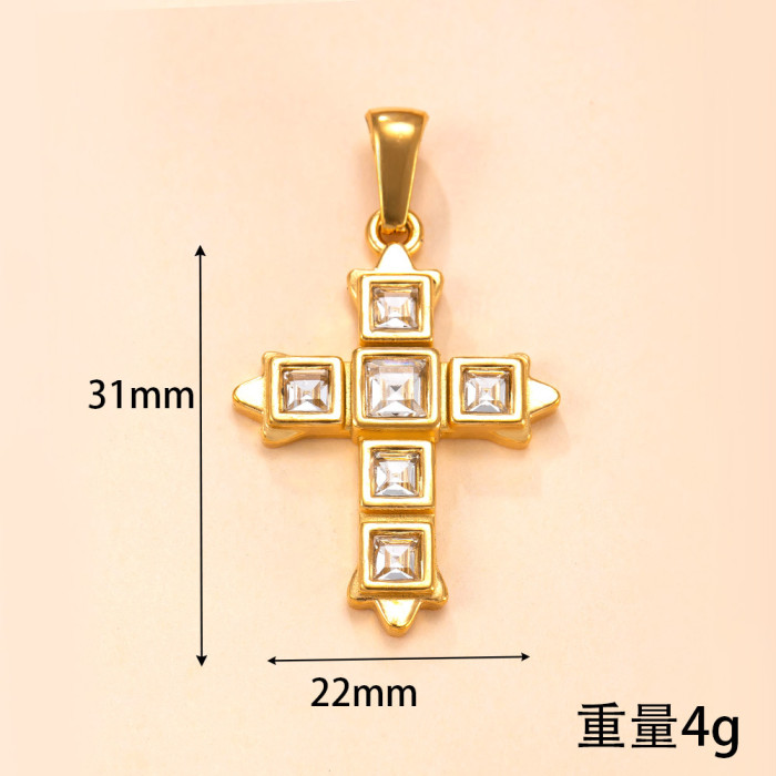 Single Pendant Stainless Steel Necklace Light Luxury High-Grade Square Plate Stone-Embedded Cross Titanium Steel Or...