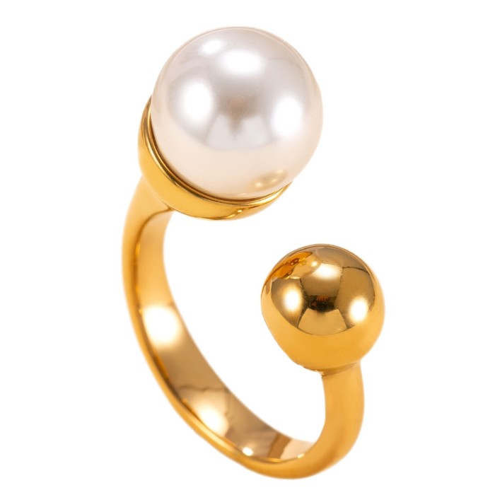 Hot-Selling Titanium Steel Jewelry French Retro High-End Feel Ring Pearl Round Ball Open Stainless Steel Ring Wholesale