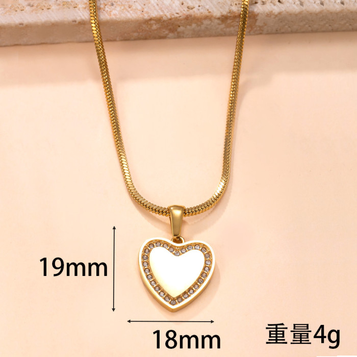 Single Pendant Cross-Border Stainless Steel Jewelry Fashion Versatile Cast Inlaid Diamond Heart Round Smooth Necklace Accessories Factory
