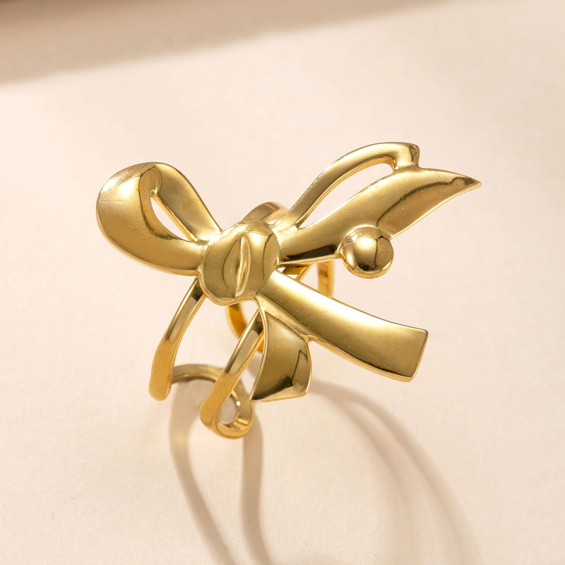 Cross-Border Hot-Selling Ring for Women Fashionable High-End 18K Gold Plated Stainless Steel Ring Hydraulic Bowknot Titanium Steel Ring