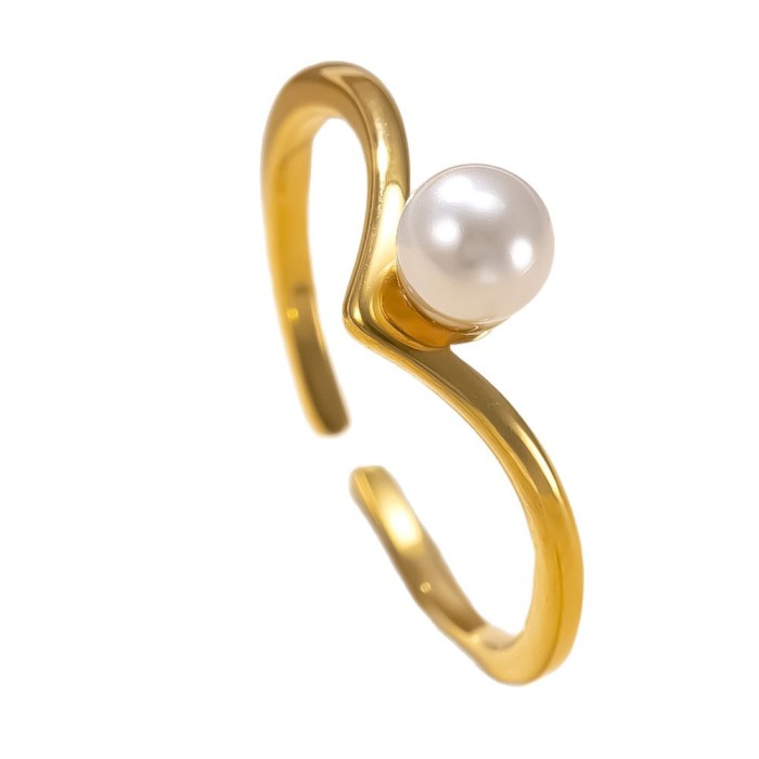 Cross-Border New Stainless Steel Ring for Women, Minimalist V-Shaped Pearl Open Ring, Niche Design Index Finger Ring Jewelry