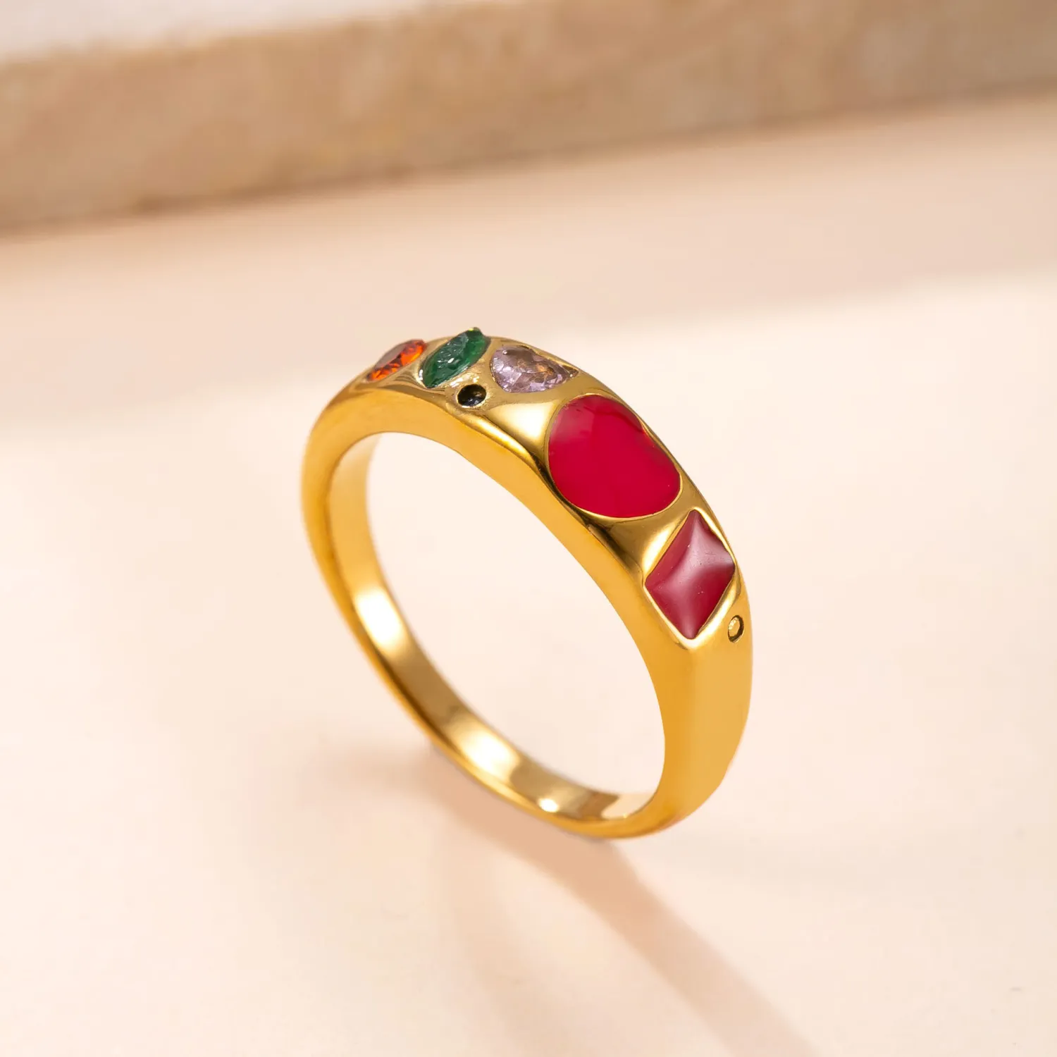 Cross-Border New Stainless Steel Ring Casting Inlaid with Colored Diamonds Oil Drop Ring for Women Fashionable Design Titanium Steel Jewelry Manufacturer