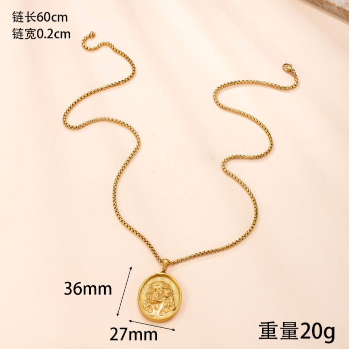 New Stainless Steel Necklace Retro Hip-Hop Vacuum Electroplated 18K Gold Cast Round Plate Portrait Titanium Steel Pen...