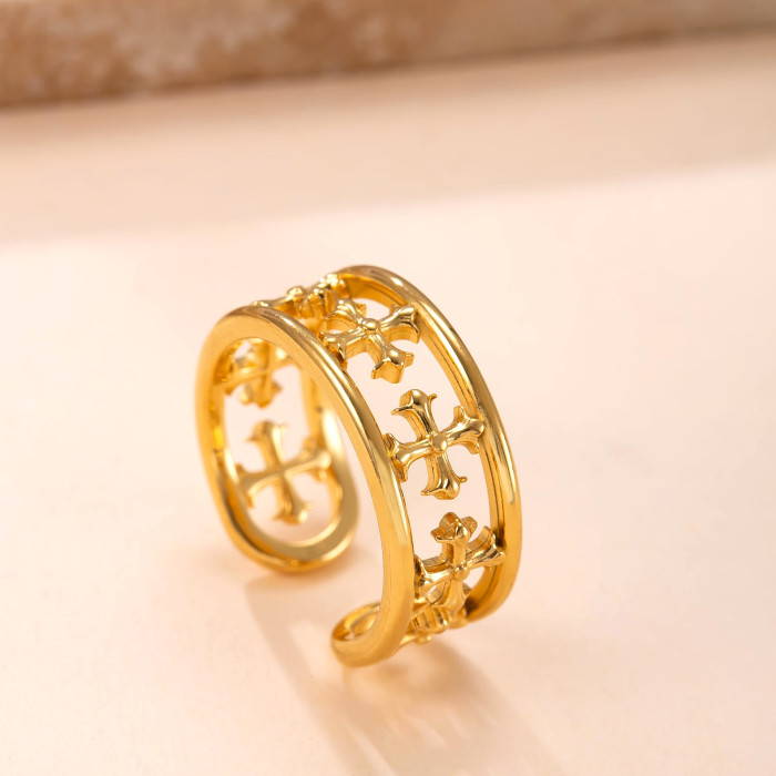 New Stainless Steel Ring Casting Hollow Cross Open Ring Light Luxury French Retro Titanium Steel Jewelry