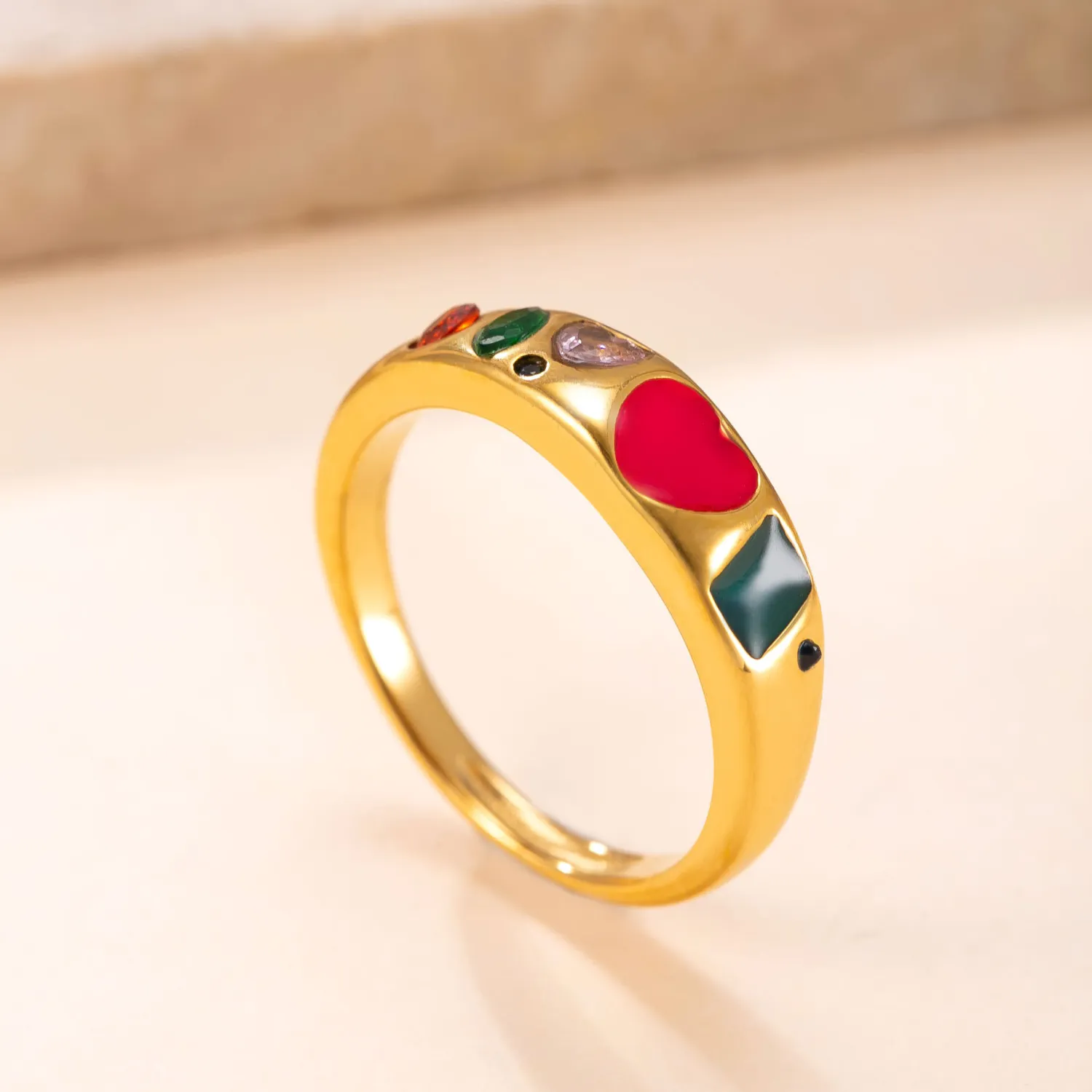 Cross-Border New Stainless Steel Ring Casting Inlaid with Colored Diamonds Oil Drop Ring for Women Fashionable Design Titanium Steel Jewelry Manufacturer