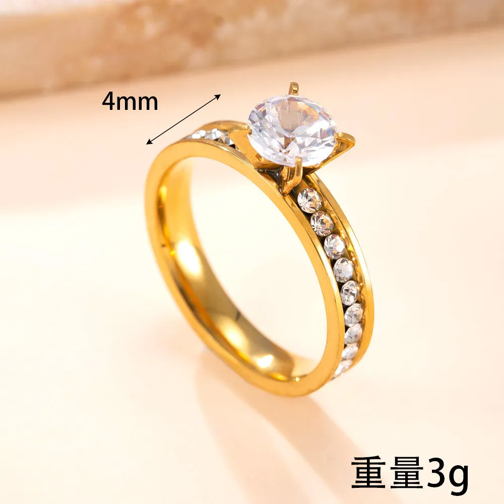 Cross-Border Hot-Selling Stainless Steel Ring 4mm Single Circle Diamond Four-Prong Diamond Stacking Ring Fashionable High-End Titanium Steel Jewelry