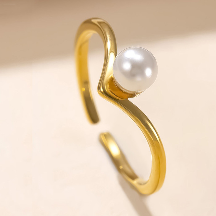 Cross-Border New Stainless Steel Ring for Women, Minimalist V-Shaped Pearl Open Ring, Niche Design Index Finger Ring Jewelry